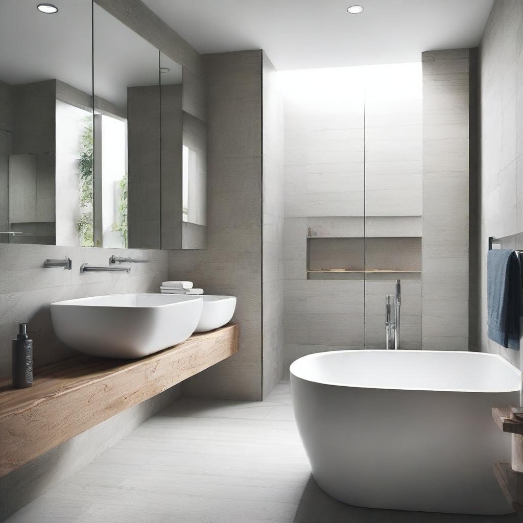 The bathroom features a combination of natural stone and modern ceramics, with a spacious shower and a glass screen that allows views of the outside