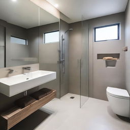 The bathroom features a combination of natural stone and modern ceramics, with a spacious shower and a glass screen that allows views of the outside