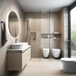 The bathroom features a combination of natural stone and modern ceramics, with a spacious shower and a glass screen that allows views of the outside