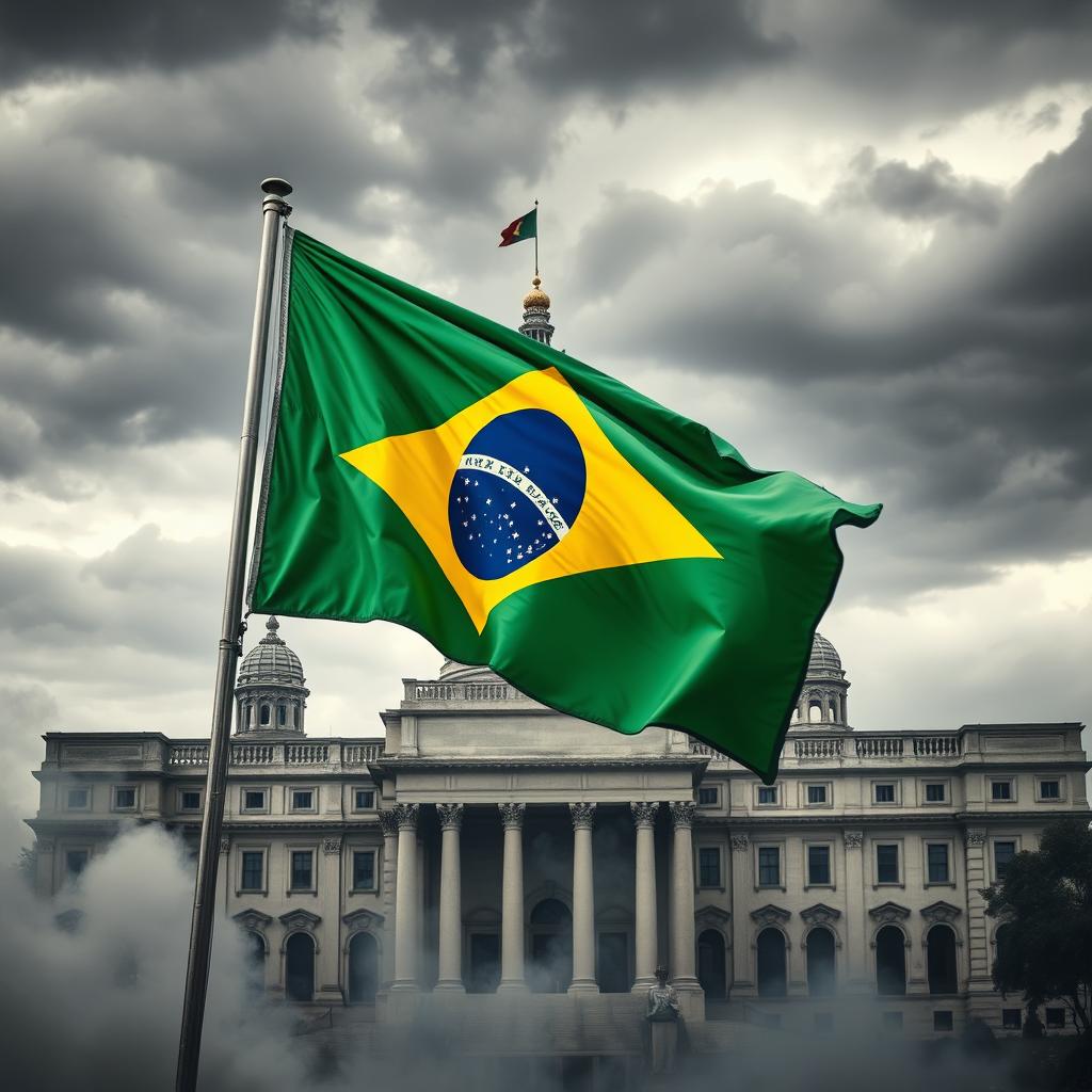 Crie uma capa de livro com a bandeira do Brasil pegando fogo em primeiro plano e o Congresso Nacional Brasileiro ao fundo