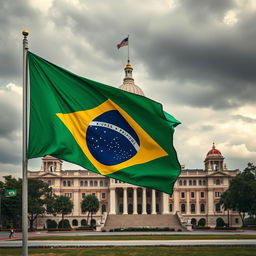 Crie uma capa de livro com a bandeira do Brasil pegando fogo em primeiro plano e o Congresso Nacional Brasileiro ao fundo