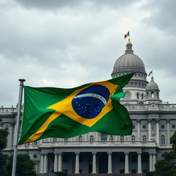 Crie uma capa de livro com a bandeira do Brasil pegando fogo em primeiro plano e o Congresso Nacional Brasileiro ao fundo