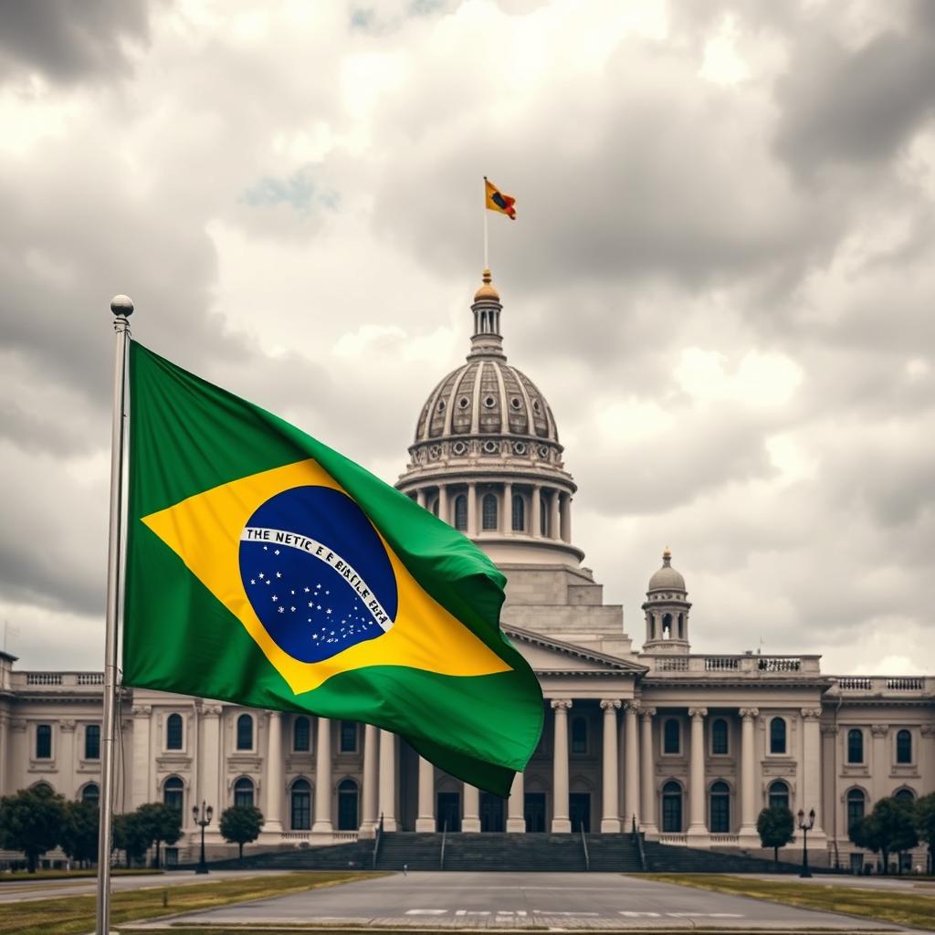 Crie uma capa de livro com a bandeira do Brasil pegando fogo em primeiro plano e o Congresso Nacional Brasileiro ao fundo