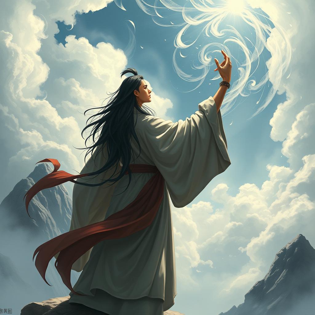 A Xianxia cultivator with long black hair, wearing a flowing long shirt, standing at the edge of a mountain