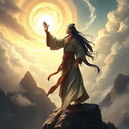 A Xianxia cultivator with long black hair, wearing a flowing long shirt, standing at the edge of a mountain