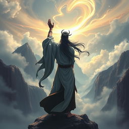 A Xianxia cultivator with long black hair, wearing a flowing long shirt, standing at the edge of a mountain