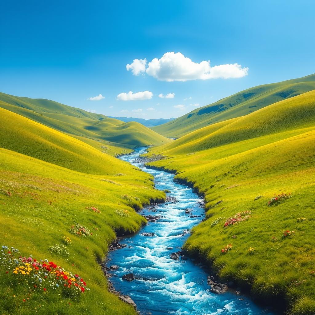 A serene landscape with a clear blue sky, rolling green hills, and a sparkling river flowing through the middle