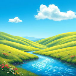 A serene landscape with a clear blue sky, rolling green hills, and a sparkling river flowing through the middle