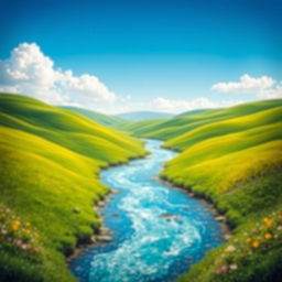 A serene landscape with a clear blue sky, rolling green hills, and a sparkling river flowing through the middle