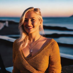 A curvy blonde woman with her hair in a sexy plait is sitting in a café overlooking the beach at Lyme Regis