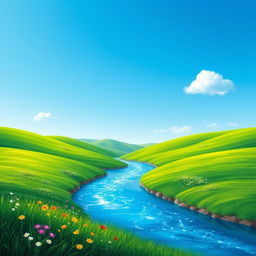 A serene landscape with a clear blue sky, rolling green hills, and a sparkling river flowing through the middle