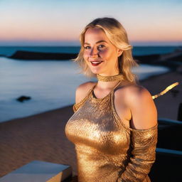 A curvy blonde woman with her hair in a sexy plait is sitting in a café overlooking the beach at Lyme Regis