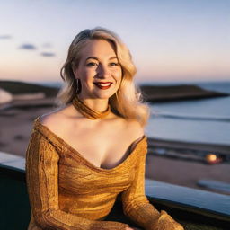 A curvy blonde woman with her hair in a sexy plait is sitting in a café overlooking the beach at Lyme Regis