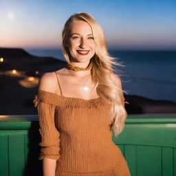 A curvy blonde woman with her hair in a sexy plait is sitting in a café overlooking the beach at Lyme Regis