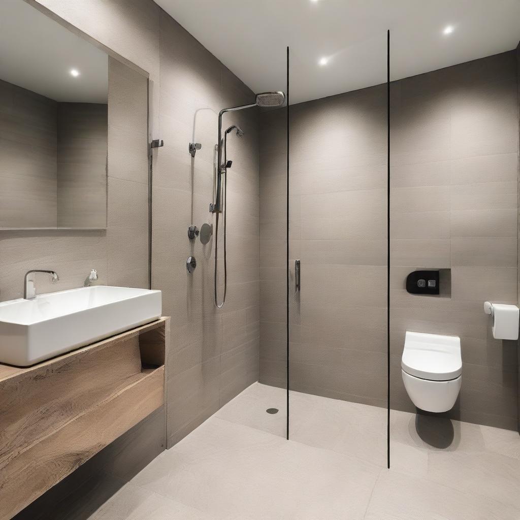 The bathroom features a combination of natural stone and modern ceramics, with a spacious shower and glass screen that allows views of the outside