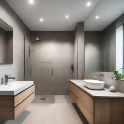 The bathroom features a combination of natural stone and modern ceramics, with a spacious shower and glass screen that allows views of the outside