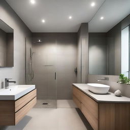 The bathroom features a combination of natural stone and modern ceramics, with a spacious shower and glass screen that allows views of the outside