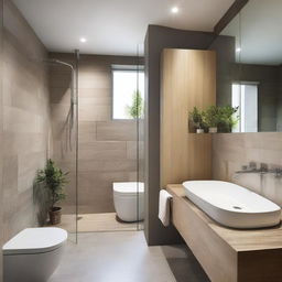 The bathroom features a combination of natural stone and modern ceramics, with a spacious shower and glass screen that allows views of the outside