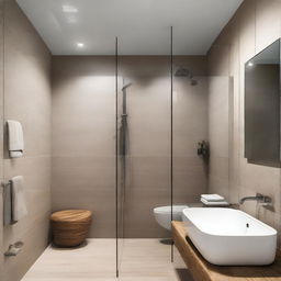 The bathroom features a combination of natural stone and modern ceramics, with a spacious shower and glass screen that allows views of the outside