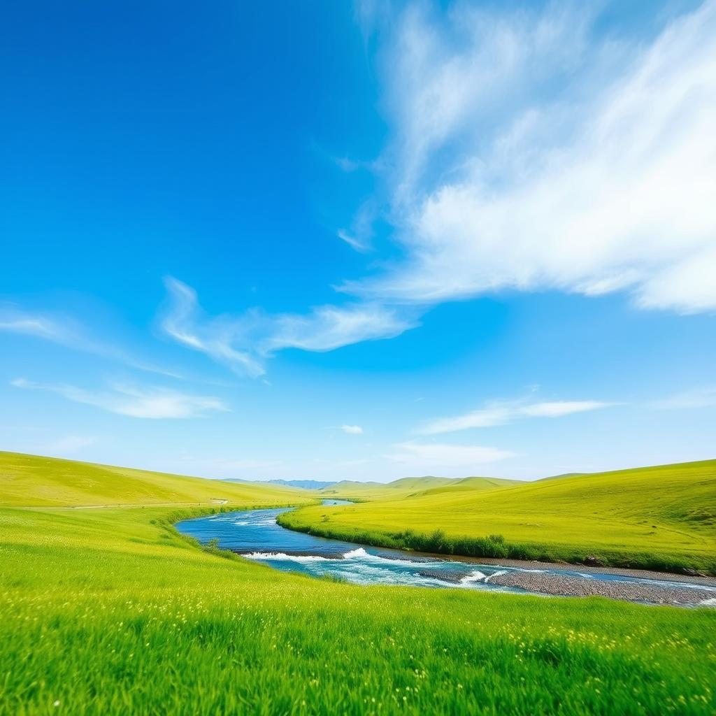 A serene landscape featuring a clear blue sky, lush green meadows, and a sparkling river flowing through