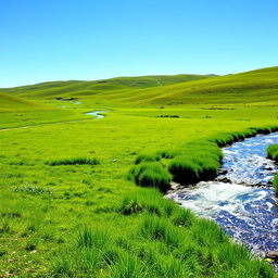 A serene landscape featuring a clear blue sky, lush green meadows, and a sparkling river flowing through