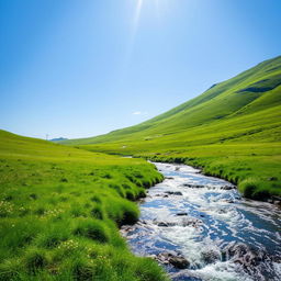 A serene landscape featuring a clear blue sky, lush green meadows, and a sparkling river flowing through