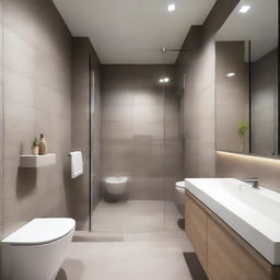 The bathroom features a combination of natural stone and modern ceramics, with a spacious shower and a glass screen that allows views of the outside