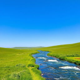 A serene landscape featuring a clear blue sky, lush green meadows, and a sparkling river flowing through