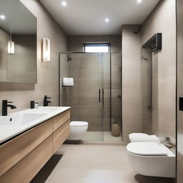 The bathroom features a combination of natural stone and modern ceramics, with a spacious shower and a glass screen that allows views of the outside