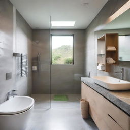 The bathroom features a combination of natural stone and modern ceramics, with a spacious shower and a glass screen that allows views of the outside