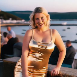 A curvy blonde woman with her hair in a sexy plait is sitting in a café overlooking the beach at Lyme Regis