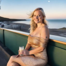 A curvy blonde woman with her hair in a sexy plait is sitting in a café overlooking the beach at Lyme Regis