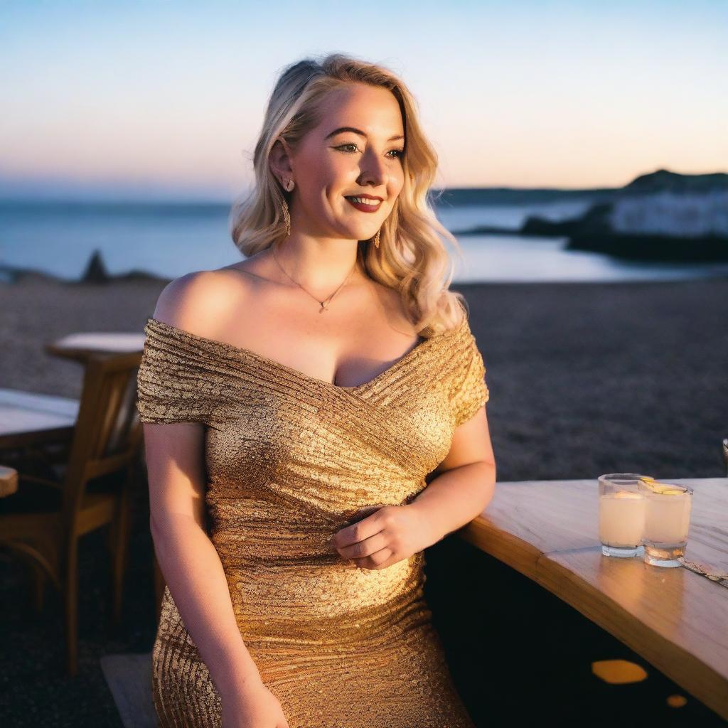 A curvy blonde woman with her hair in a sexy plait is sitting in a café overlooking the beach at Lyme Regis