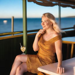 A curvy blonde woman with her hair in a sexy plait is sitting in a café overlooking the beach at Lyme Regis