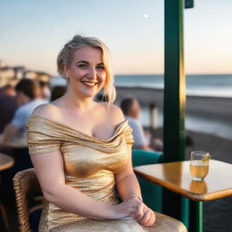 A curvy and fat blonde woman with her hair in a sexy plait is sitting in a café overlooking the beach at Lyme Regis