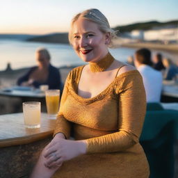 A curvy and fat blonde woman with her hair in a sexy plait is sitting in a café overlooking the beach at Lyme Regis