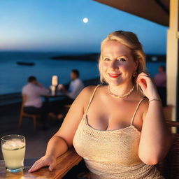 A curvy and fat blonde woman with her hair in a sexy plait is sitting in a café overlooking the beach at Lyme Regis