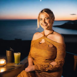 A curvy and fat blonde woman with her hair in a sexy plait is sitting in a café overlooking the beach at Lyme Regis