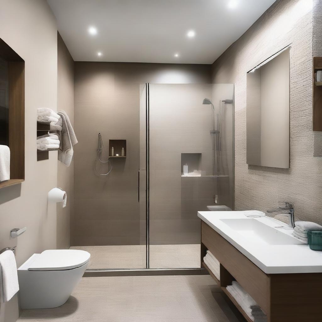 The bathroom features a combination of natural stone and modern ceramics, with a spacious shower and a glass screen that allows views of the outside