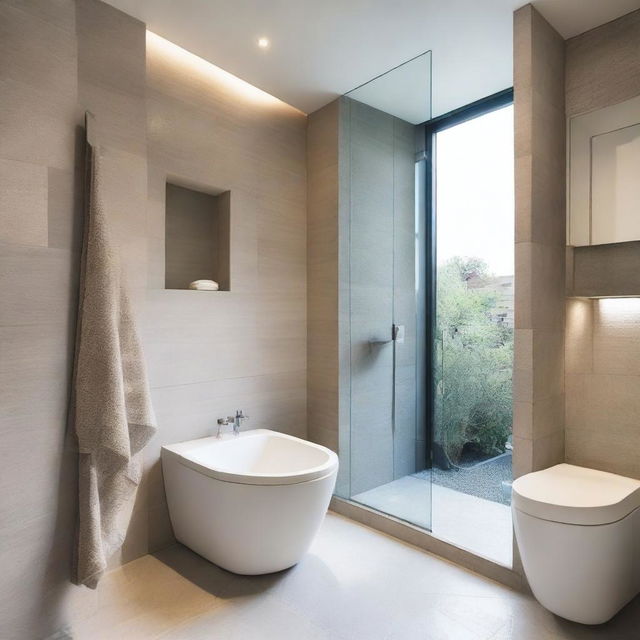 The bathroom features a combination of natural stone and modern ceramics, with a spacious shower and a glass screen that allows views of the outside