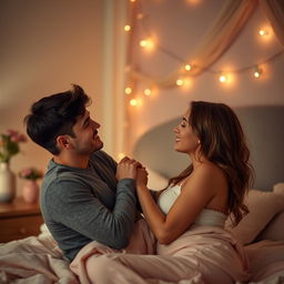 A romantic scene featuring a boyfriend and girlfriend in a bedroom