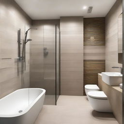 The bathroom features a combination of natural stone and modern ceramics, with a spacious shower and a glass screen that allows views of the outside