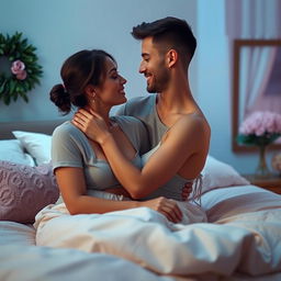 A romantic scene featuring a boyfriend and girlfriend in a bedroom