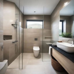 The bathroom features a combination of natural stone and modern ceramics, with a spacious shower and a glass screen that allows views of the outside