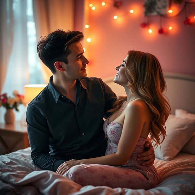 A romantic scene featuring a boyfriend and girlfriend in a bedroom