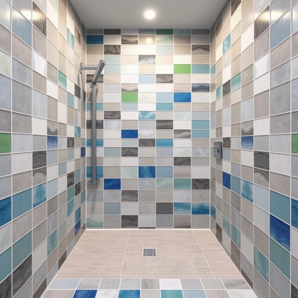 A square shower room with tiles in gray, white, green, and blue colors