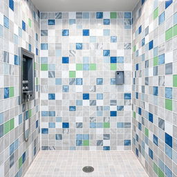 A square shower room with tiles in gray, white, green, and blue colors