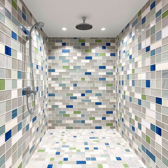 A square shower room with tiles in gray, white, green, and blue colors