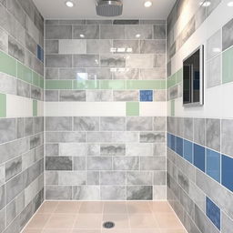 A square shower room with tiles in gray, white, green, and blue colors