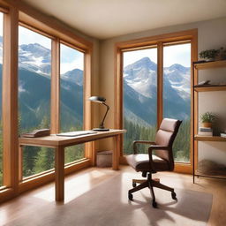 Work Area with a tranquil design, featuring a desk facing the mountains, wooden shelves, an ergonomic chair, and natural light combined with desk lamps for a productive atmosphere